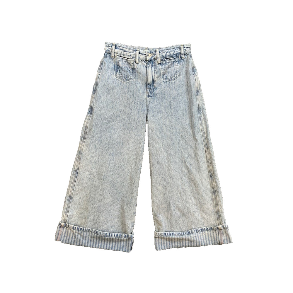 We The Free People Jeans Womens 28 Denim Brette Wide Leg Cropped Stripe Cuffed - Picture 1 of 15